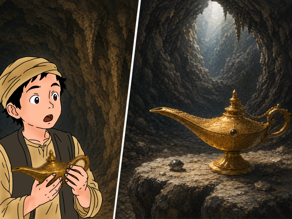 洞窟の中でランプを持つアラジン