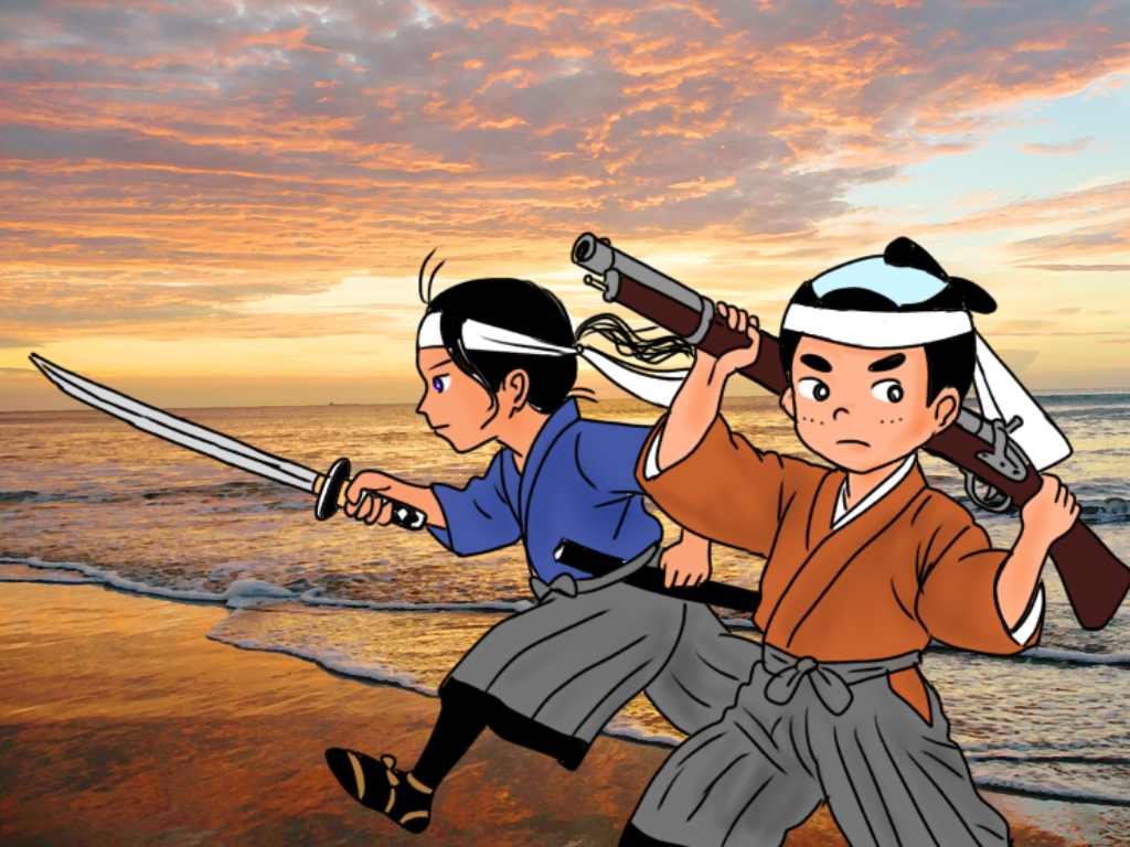 明治2年、箱館戦争。海岸で武器を持つ、二人の少年武士。櫻時之進と伊東金太郎。