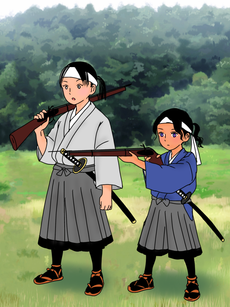 箱館戦争の幼年兵。新吉１４歳、時之進１２歳。銃を持っている。