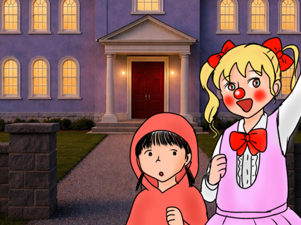山の洋館・月藤邸を背景に立つ二人の少女。道化師コニーと、５歳のモモコ。