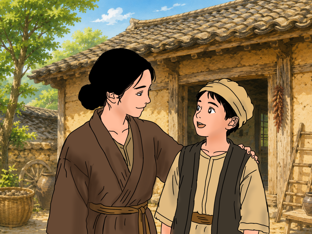 古代アジアの親子。家の前に立つアラジン少年と母。