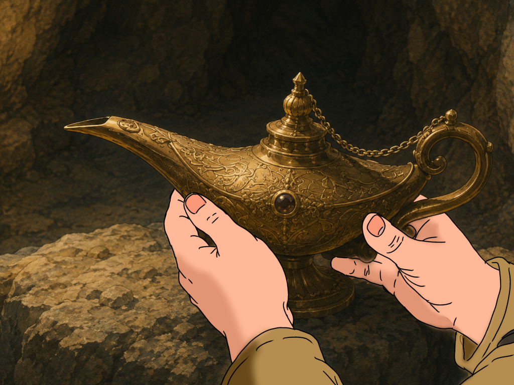 魔法のランプを持つアラジン少年の手