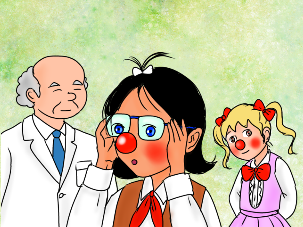 淡い緑の背景に立つ３人。左に、年配の三芳医科大学附属病院院長。中央に主人公・道化師トキオ。右に相棒の道化師コニー。