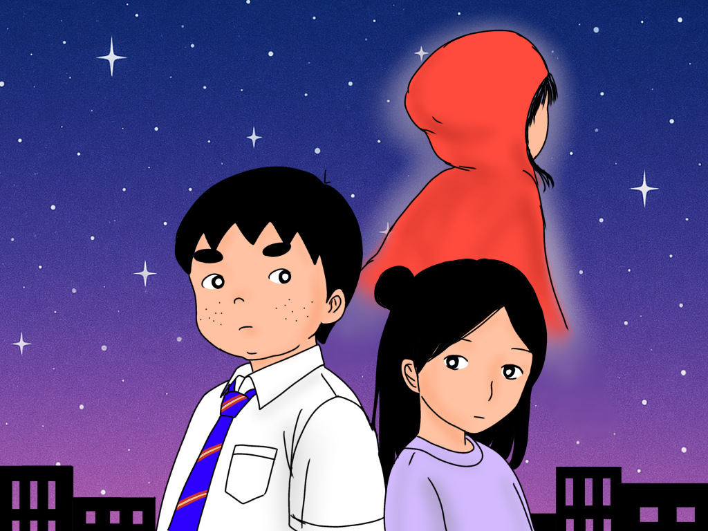 マジック・ランプ、エピソード１のイメージ画。背中合わせの子どもたち、坂本純と妹の芽生。背後の星空に浮かぶ『赤ずきんちゃんの幽霊』。