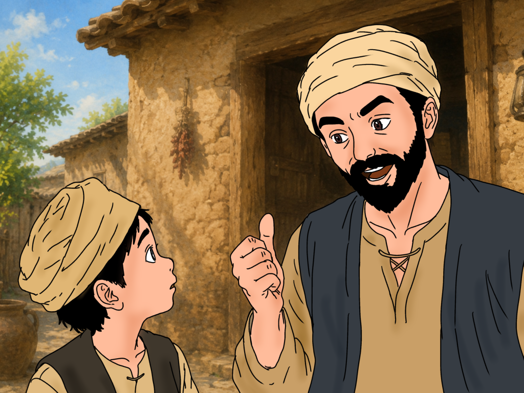 古代アジアのアラジン少年と、彼に話しかける男性。