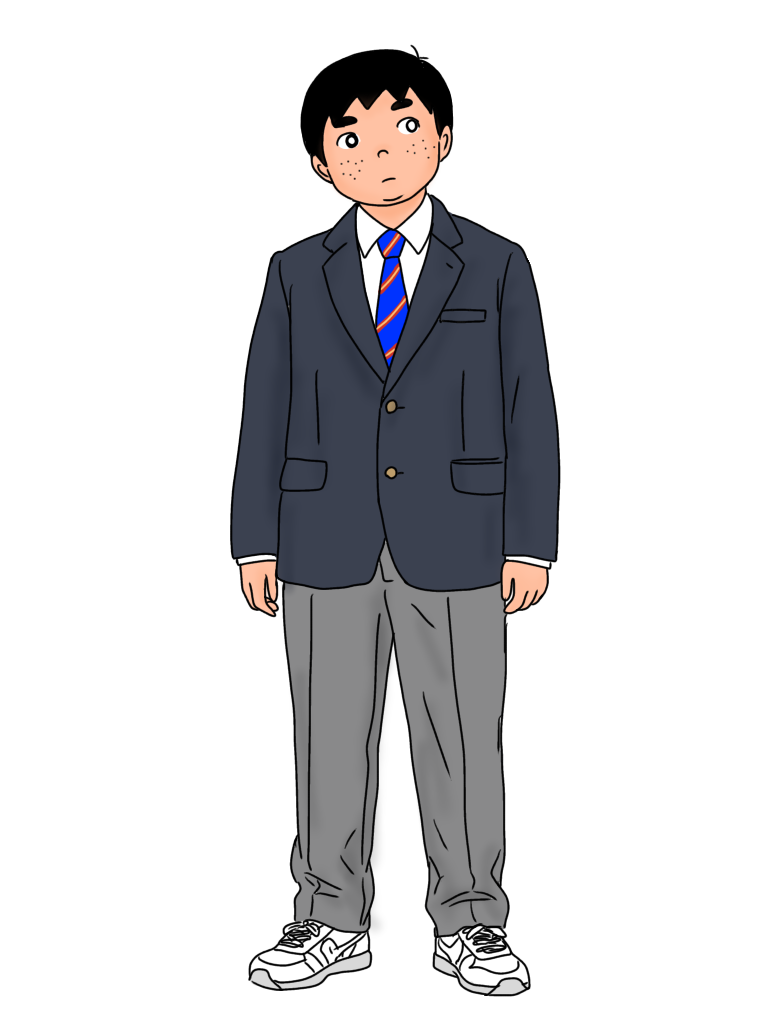 ゾンビたちと関わる人間の少年・：坂本純。中学の制服姿、全身像。