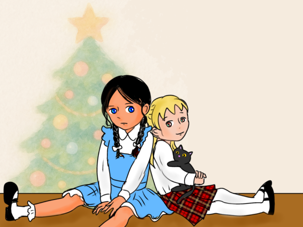 クリスマスツリーを背景に、背中合わせに座る二人の子ども。女装した櫻時之進と、少女・櫻コンスタンス路子。