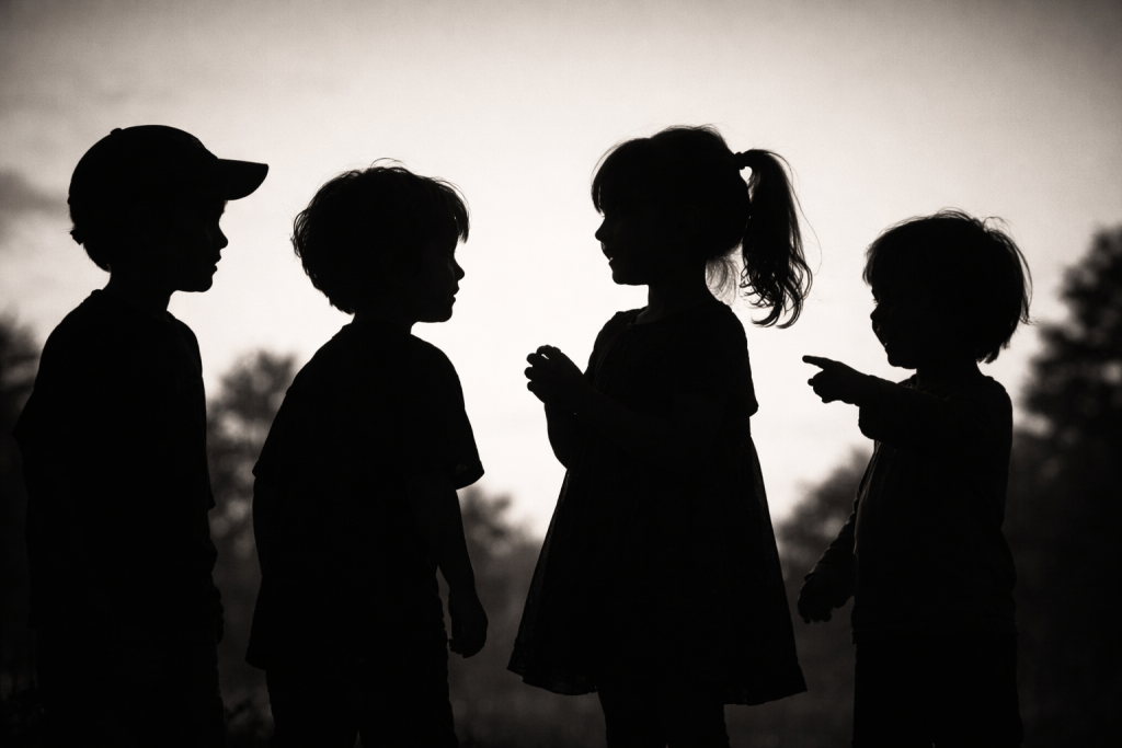 ゾンビ化して現代も生きる子どもたちのイメージ。４人の男女児のシルエット。