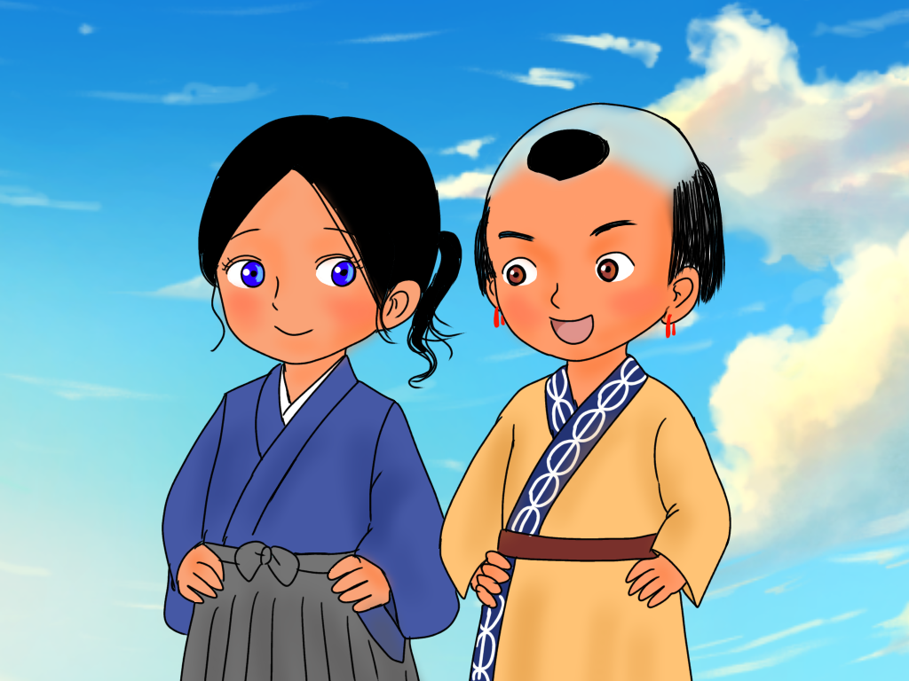 青空を背景に、並んで立つ二人の男の子。少年武士・櫻時之進と、友人のアイヌ少年・ウヤンクル。